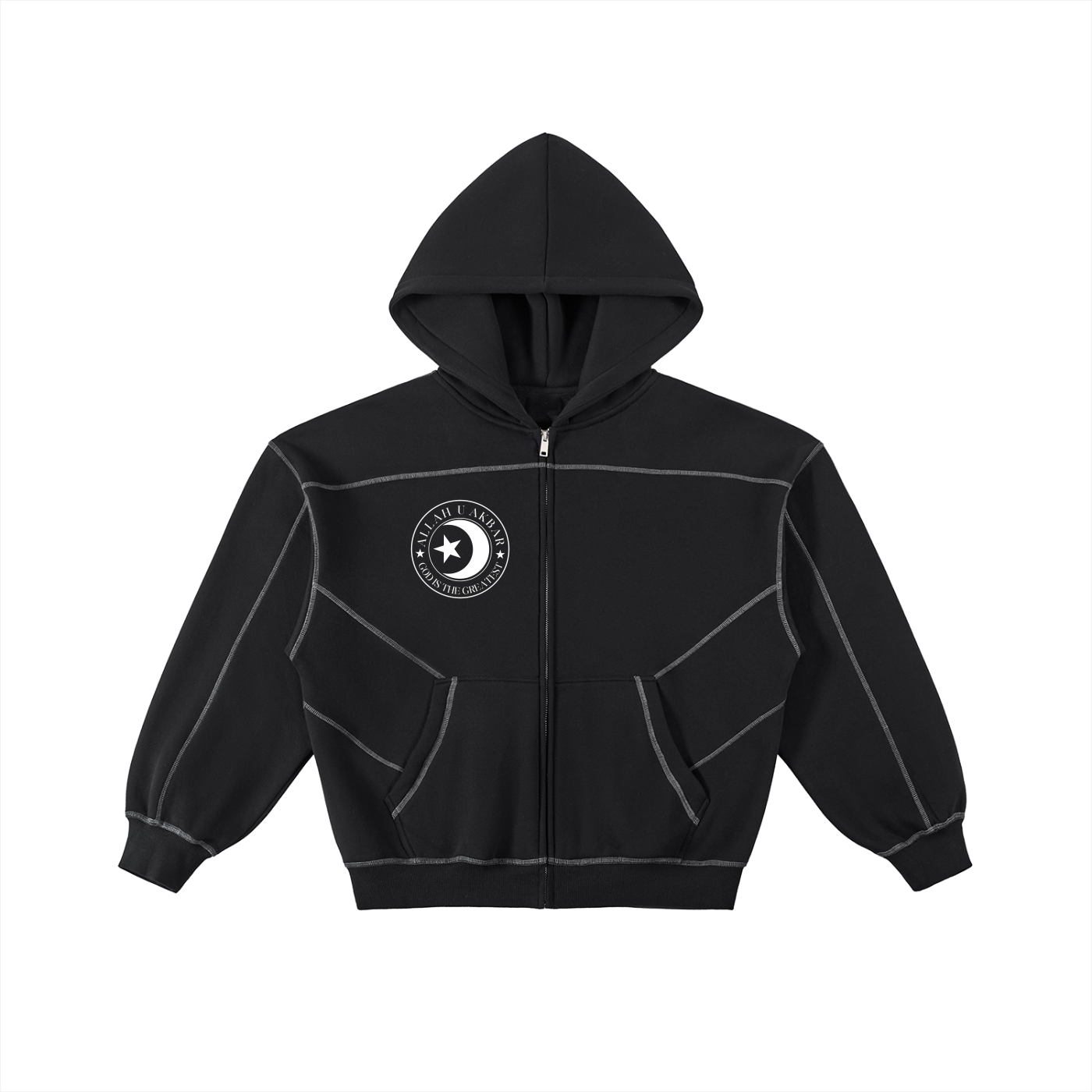 Allah u akbar Contrast-Stitched Boxy Fleece Zip Hoodie