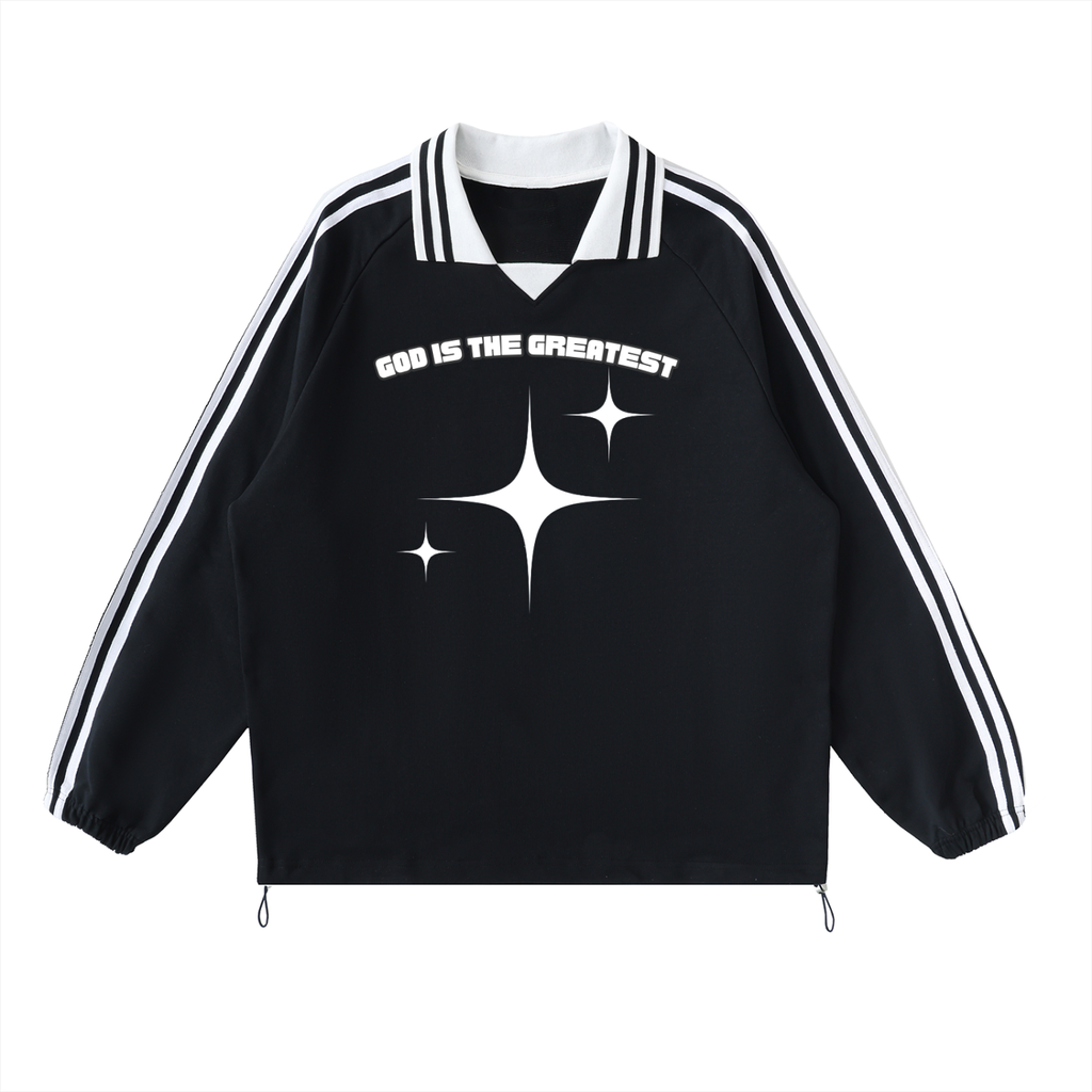 God is the greatest Contrast Striped Lapel Collar Sweatshirt
