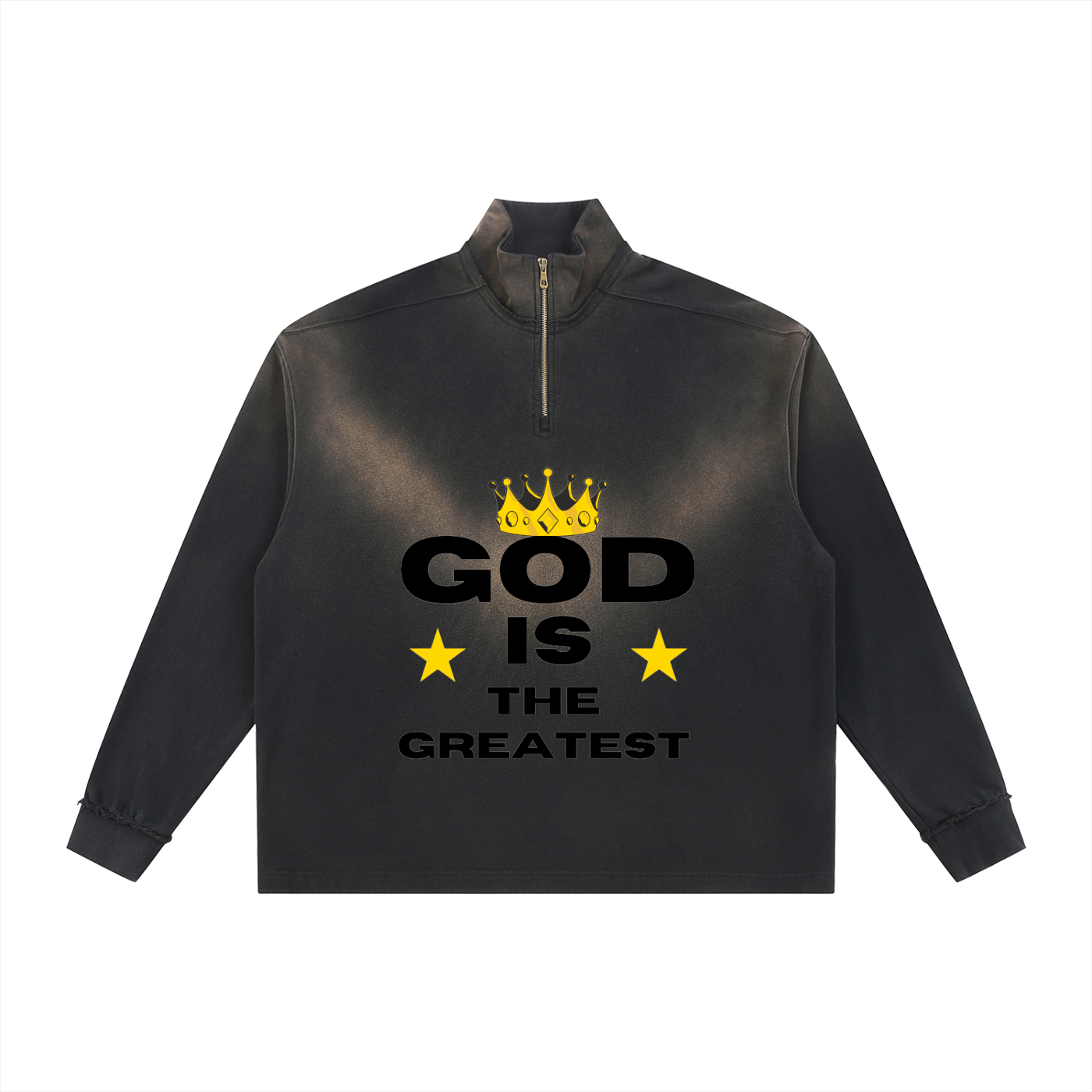 GOD IS THE GREATEST Sun Fade Raw Edge Quarter-Zip Sweatshirt