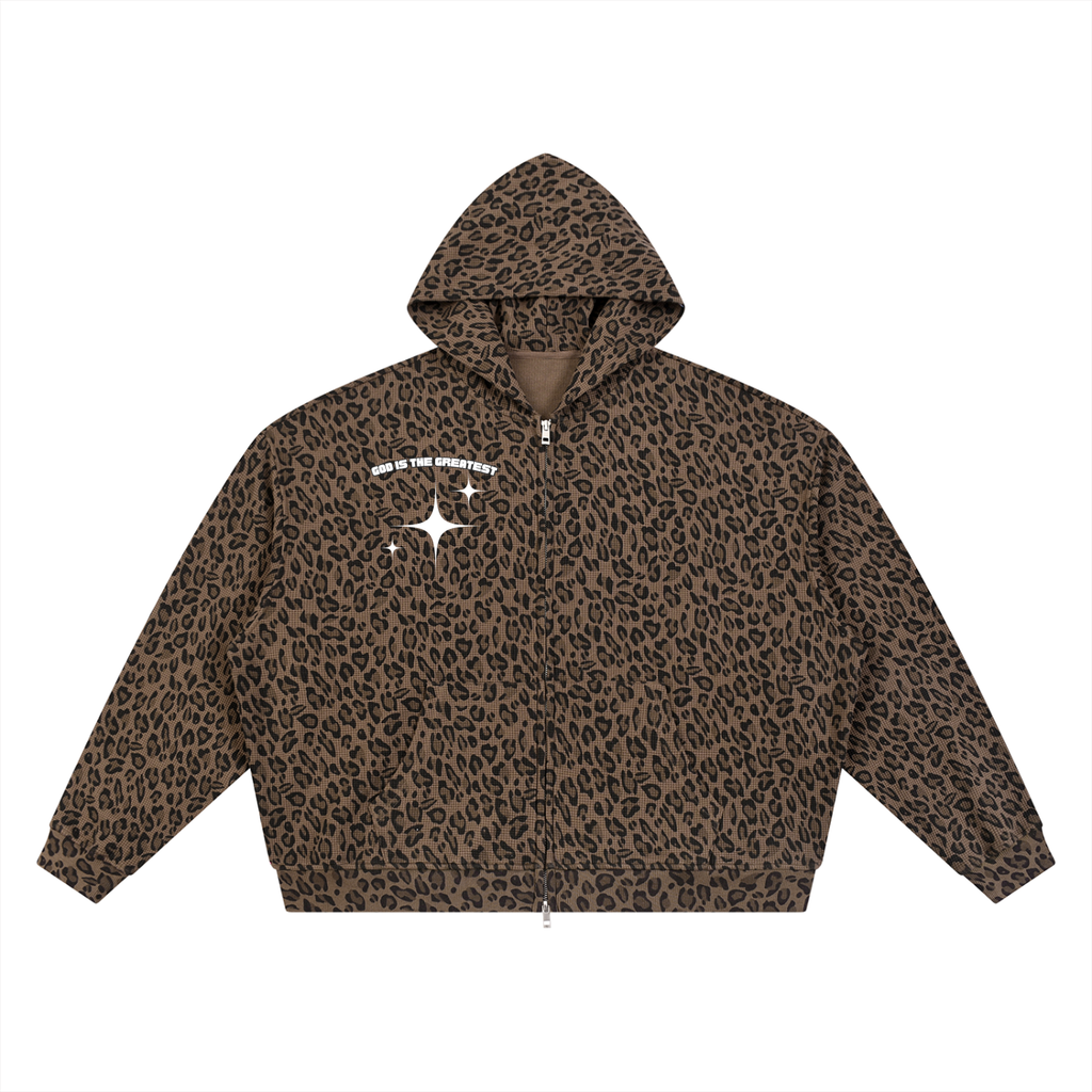 Unisex Leopard Print Waffle Full Zip Hoodie